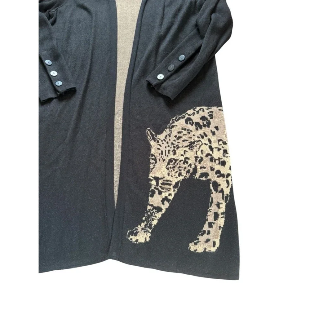 Chicos Long Black Open Front Sweater Duster Cardigan Leopard Motif Womens Large - Picture 4 of 9